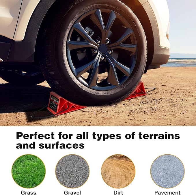 PAHTTO Wheel Chocks, 4Pack Heavy Duty Wheel Chocks with Rope for Easy Removal, Durable, Non-Slip, Hard Plastic Wheel Chocks for, RV, Camper, Effective in Keeping Your Vehicle in Place, Red
