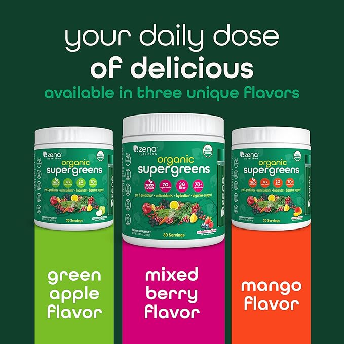 Organic Super Greens Powder, 70+ Superfoods, 0 Sugar, 3G Fiber, Spirulina, Chlorella, Antioxidants, Prebiotics/Probiotics, Digestive Enzymes, Green Apple, 30 Servings