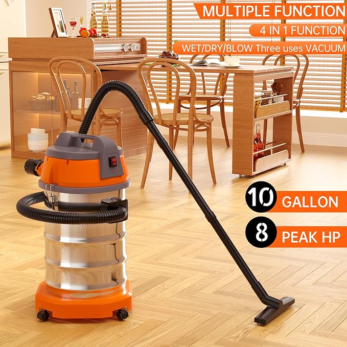 3200W Wet Dry Vacuum Cleaner 10 Gallon 8HP Peak Horsepower Stainless Steel Shop Vac for Garage, Car, Home & Workshop High Suction Power 360° Swivel Wheels, Blower Function & Multiple Attachments
