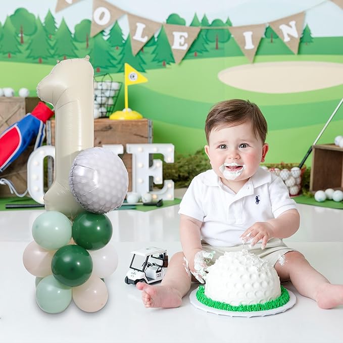 Hole-in-One Birthday Balloons - Golf Birthday Balloon Decorations, Golf Party Tower Set, White and Green 1 Aluminum Foil Balloon for Sports Party Anniversary Supplies