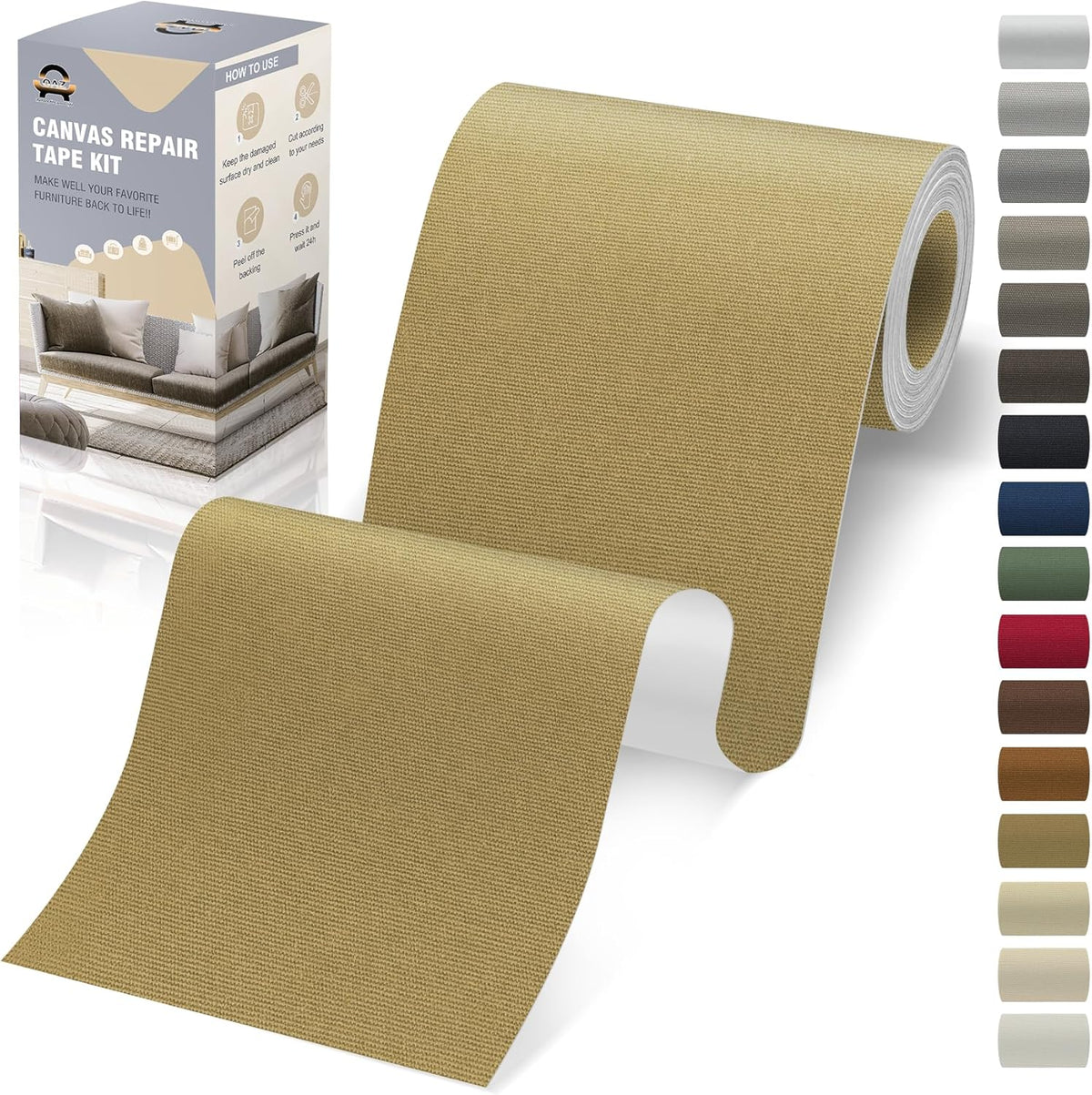 OAZ Canvas Repair Patches - Waterproof Self-Adhesive Fabric Tape for Outdoor Gear | 4 x 79 Inch (Khaki)