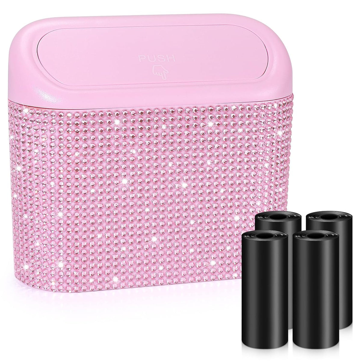 Accmor Bling Car Trash Can with Lid, Mini Auto Garbage Storage Bin with 60pcs Garbage Bags, Sparkling Crystal Trash Bags Holder Dustbin Vehicle Accessories Container Organizer (Black Rhinestone)