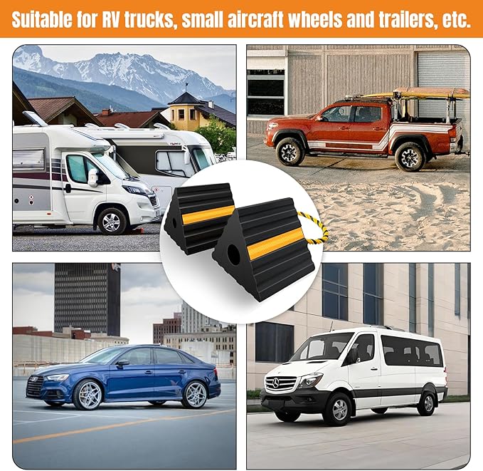 HOXWELL Rubber Wheel Chocks for RV Trailer Camper Truck Car Aircraft Boat, Versatile Rubber Chocks Block Stopper for Tire with Reflective Strips, Utility Trailer Camper RV Accessories