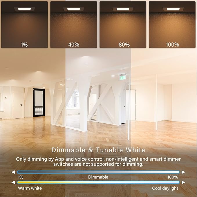 6" LED Smart Slim Recessed Pot Light, Square, WiFi APP & Voice Control, 120V, 13W, 1000LM, RGB + 2700K-6000K, ETL & FCC & IC Rated, Wet Location, Works with Alexa/Google Home, White - 1 Pack