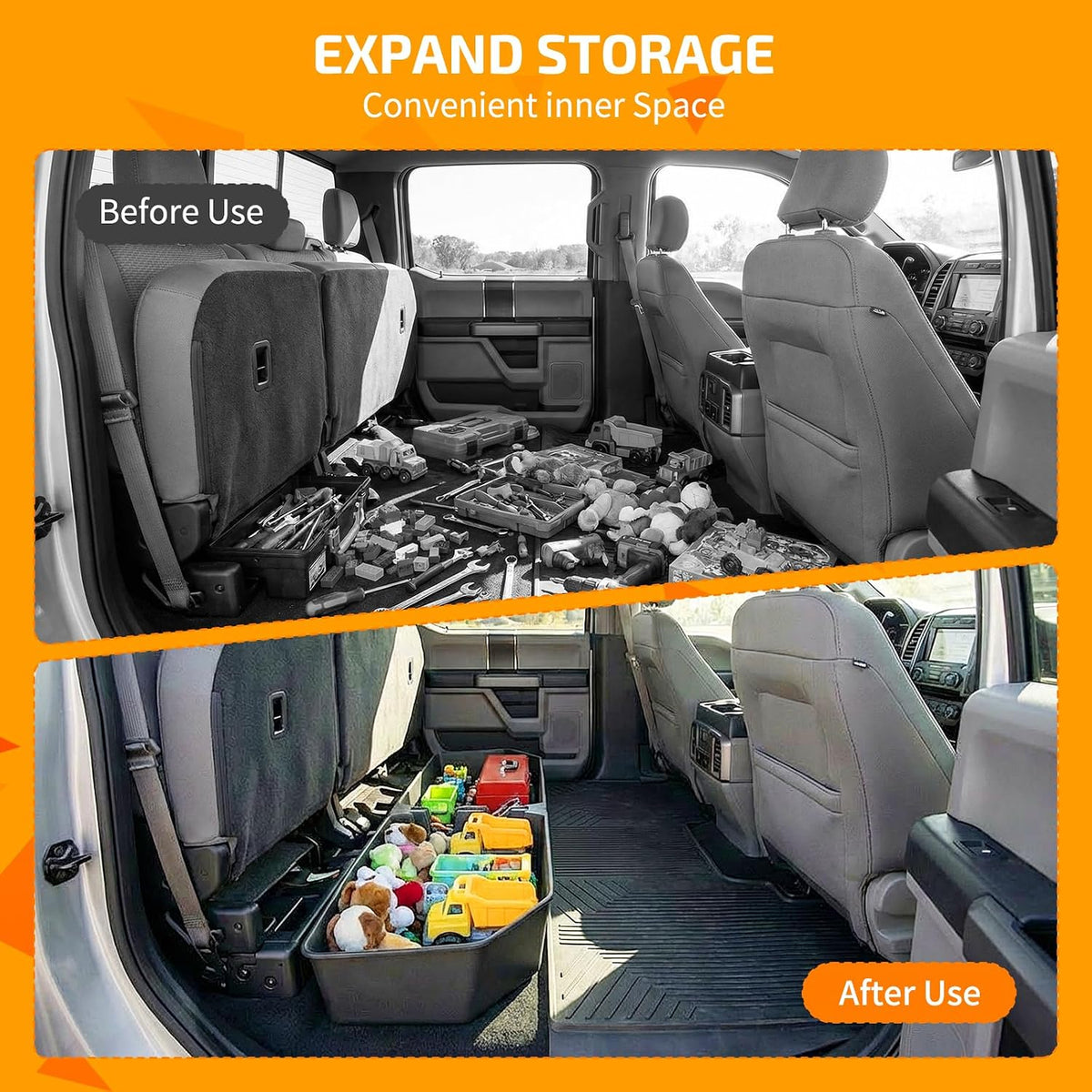 Rear Underseat Storage Box for 2015-2025 Ford F-150 &amp; 2017-2025 Ford F-250 F-350 F-450 F-550 Super Duty, Heavy-Duty Back Seat Organizer with Dividers, Non-Slip Waterproof Truck Under Seat Storage