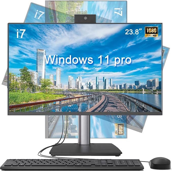 23.8 Inch All-in-One Desktop Computer,i7 CPU,8GB RAM 256GB SSD,Win 11 Pro PC,Height Adjustable & Swivel Stand,HD Webcam,WiFi 5, Bluetooth,Built-in Speaker,AIO with Keyboard and Mouse for Home Office