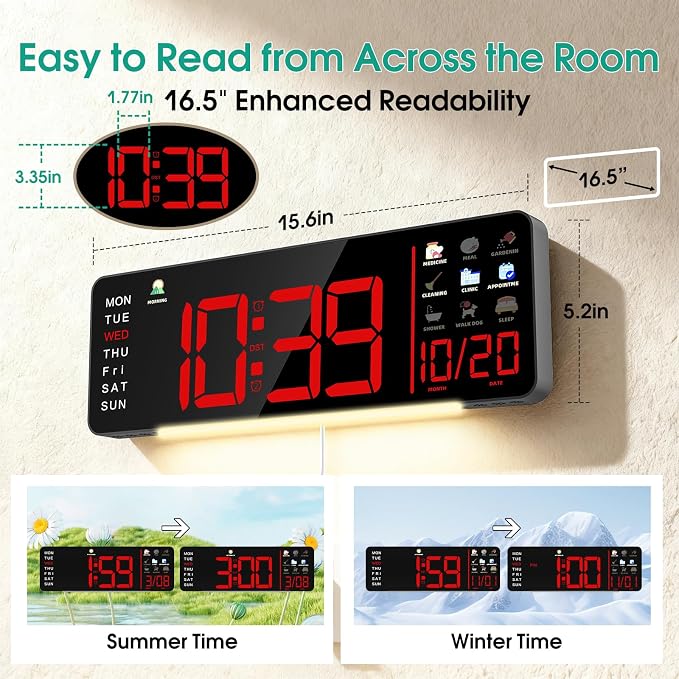 Hoifen Clock with Day and Date for Seniors, Remote Control, Night Light