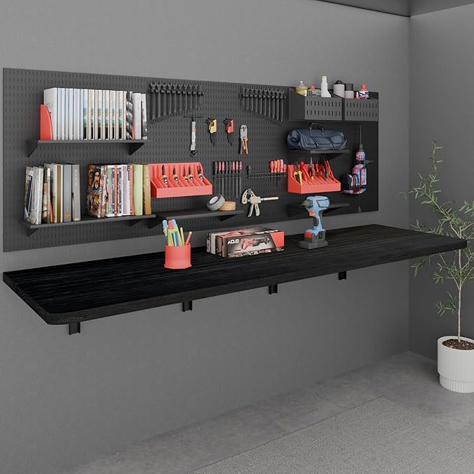 IAE Floating Wall Mounted Folding Table Desk with Pine Wood,72" x 22" Foldable Workbench,Fold Down Wall Mounted Foldable Desk with Shelf Brackets,Laundry Folding Table for Home,Dining,Kitchen,Black