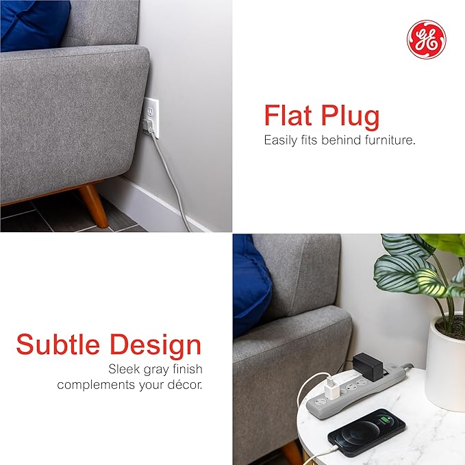 GE Surge Protector Power Strip, 25 Ft Extension Cord, 6 Outlet Extender, 800 Joules, Flat Plug, Twist-to-Close Safety Covers, UL Listed, Gray, 62470