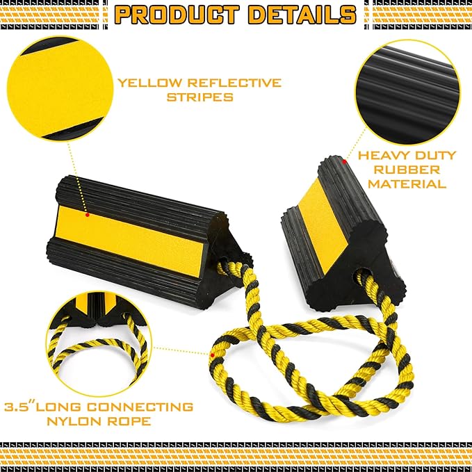 2 Pair Heavy Duty Wheel Chocks for RV Trailer, Rubber Wheel Stoppers, Dual Blocks Front and Back, Non Slip Tire Chock with Nylon Rope Reflective Tape for RVs Travel Trailers Car(Yellow)