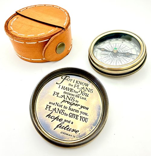 Jeremiah 29:11 Engraved Brass Compass with Leather Case – “for I Know the Plans I Have for You” Christian Graduation, Baptism & Confirmation Gift for Boys and Teen