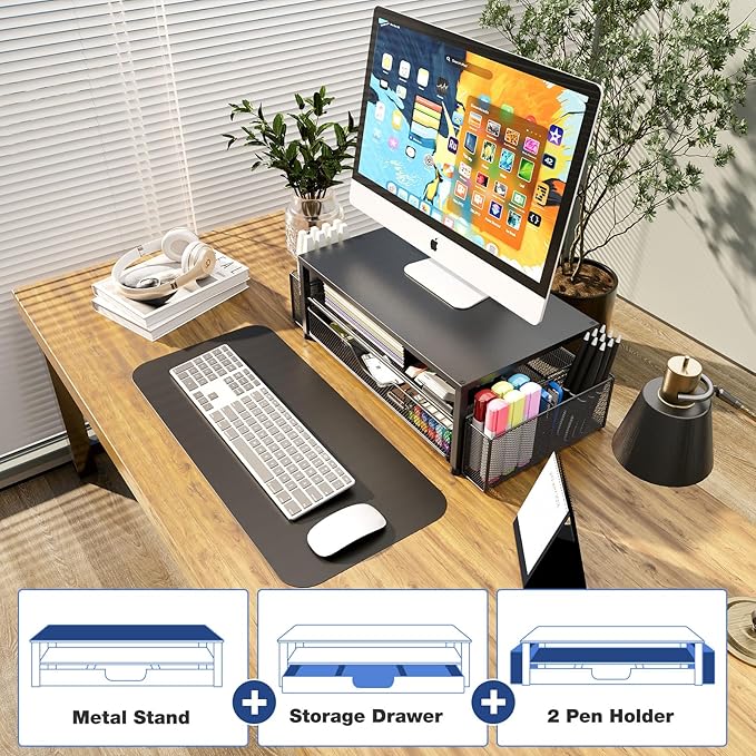 OPNICE Desk Organizer and Accessories, Dual Computer Monitor Stand Riser