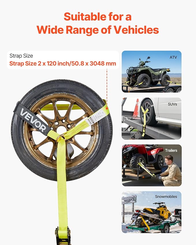 VEVOR Wheel Chock Tie-Down Kit, Tire-Style Motorcycle Tie-Down System, Car Kit with Flat Hook, Break Strength 10009 lbs & Working Load 3333 lbs Trailer Strap for ATVs, SUVs, Trailers