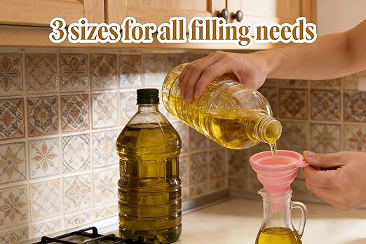 6pcs Kitchen Funnels for Filling Bottles, Small/Medium/Large Food Grade Stainless Steel Metal Kitchen Funnels Set for Essential Oil Spices Liquid, 3 Stainless Steel and 3 Silicone Folding