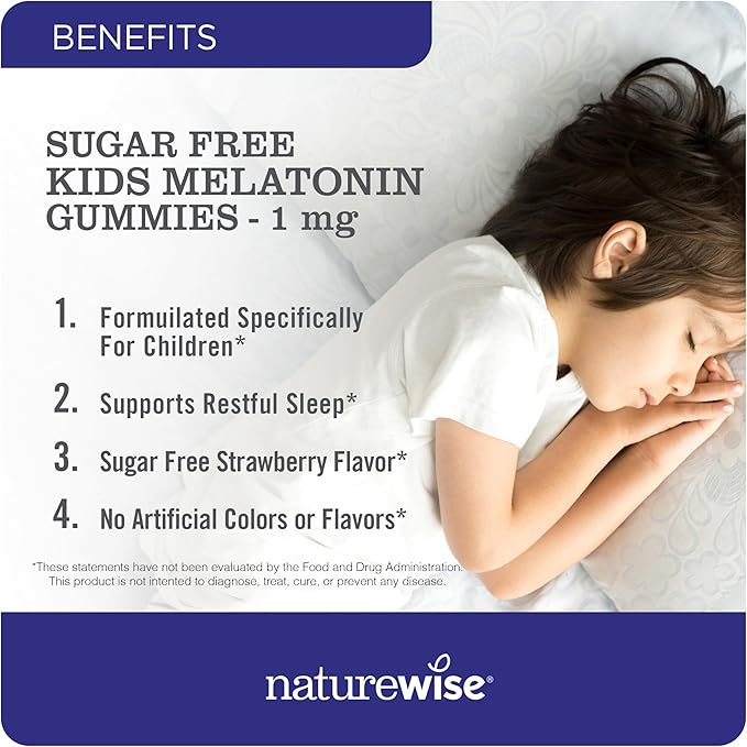 NatureWise Kids Melatonin 1 mg Sugar-Free Gummies for Children Ages 4 & Up - Non-Habit Forming Sleep Aid - Strawberry Flavored - Vegan, No Gluten, Non-GMO - 60 Count[2-Month Supply]