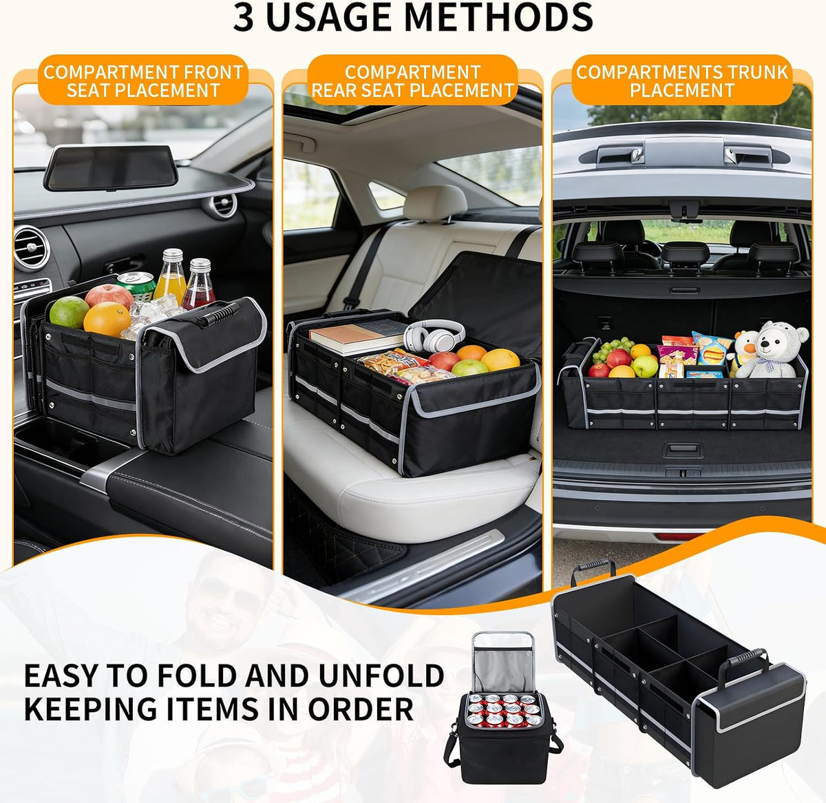Car Trunk Organizer with Cooler Bag, Collapsible Multi-Compartment Storage Organizer for SUV Truck, Durable Car Cargo Organizer for Groceries Camping Travel