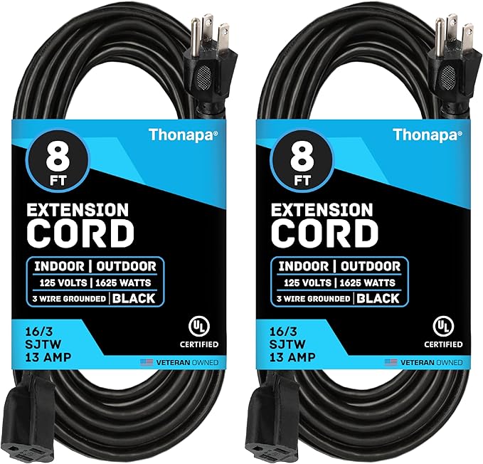 Thonapa 13 Amp Outdoor Extension Cord 8 ft, 2 Pack, 16/3 SJTW 8 Foot Black Extension Cord 3 Prong Multi Pack, Weatherproof ExteriorPower Cable for Outdoor Lights, Landscaping, Lawn, UL Certified