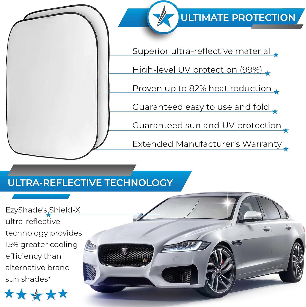 EzyShade Windshield Sun Shade with Shield-X Reflective Technology. See Size-Chart with Your Vehicle. Foldable 2-Piece Car Sunshades Reflect UV Sun and Heat and Protect Your Car. Standard (Medium) Size