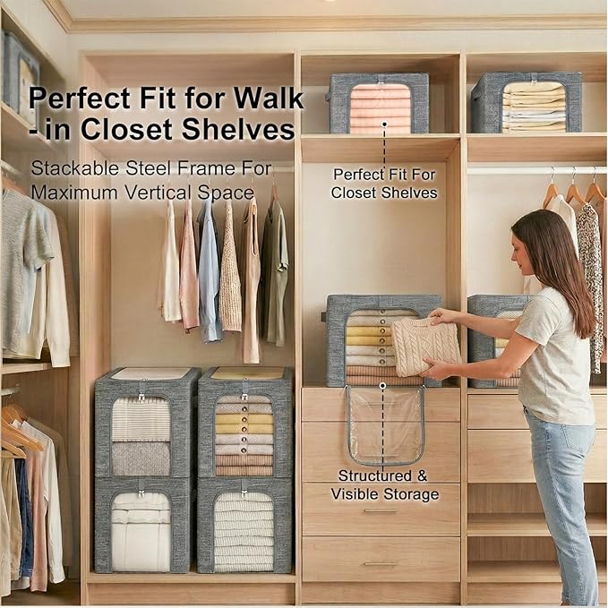 GoMaihe Clothes Storage Bin with Metal Frame: 6-Pack Stackable Closet Storage Bin with Lid & Clear Window, Sweater Boxes Storage for Closet Bedding Clothing Storage Organizer 40L