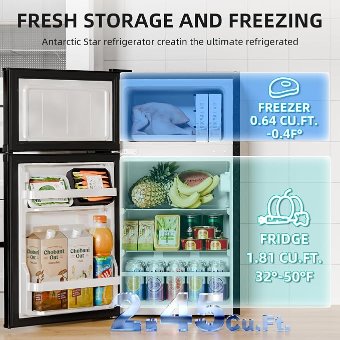 Antarctic Star Mini Fridge with Freezer, Double Door Compact Refrigerator, Adjustable Thermostat, Small Fridge for Bedroom Office Dorm Apartment,2.45 Cu.Ft,Black