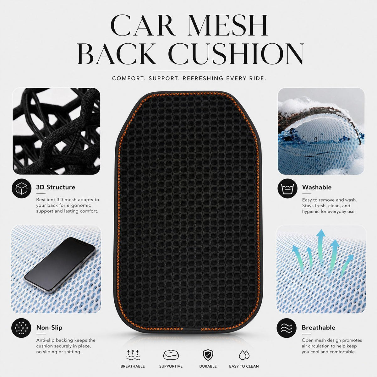 Cool and Breathable 3D air MESH car seat Cushion for Summer, Universal Ventilated Comfortable seat pad, Suitable for sedans, Vans, Pickup Trucks, and SUVs (Black Back cushion-1PCS)