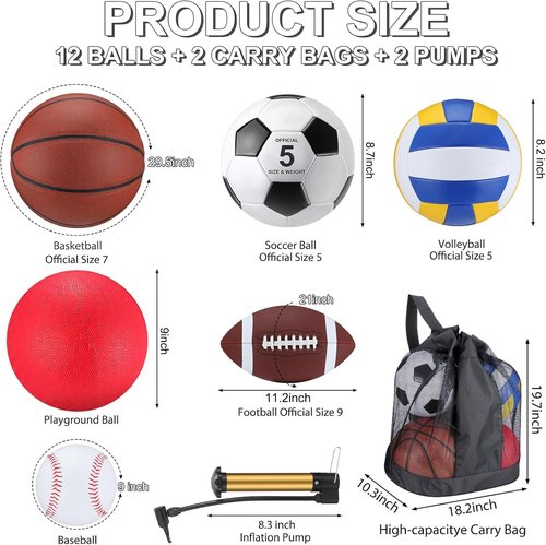 Deekin 12 Pcs Sport Ball Set - Official Size Basketball, Football, Volleyball & More | Includes Bag & Pump