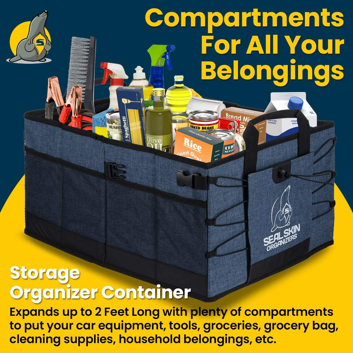 Seal Skin Covers Trunk Organizer for SUV, Car & Truck - Premium Heavy Duty & Collapsible with 3 Adjustable Size - Lightweight & Portable Storage Organizer - Easy to Use & Install in Any Vehicle - Blue