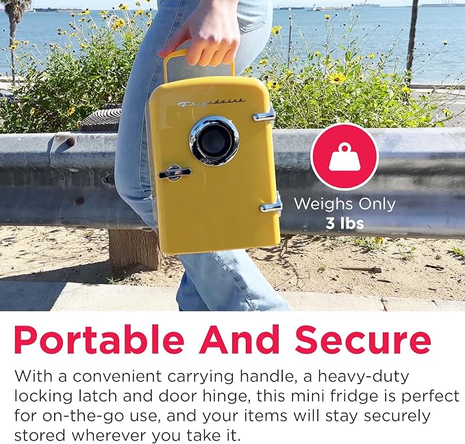 Frigidaire Curtis EFMIS151 Mini Portable Compact Personal Cooler Fridge, 4 Liter Capacity, 6 Cans, Makeup, Skincare, Freon-Free & Eco Friendly, Includes Home Plug & 12V Car Charger, Yellow