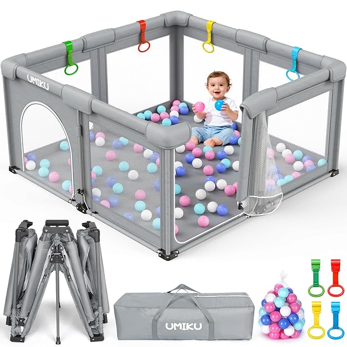 Baby Playpen Foldable Playpen for Babies and Toddlers, Large Playpens Portable Play Pen with 2 Doors Safety Area for Kid Fence Travel Indoor Outdoor Baby Boy Girl Gifts Newborn Essentials 50"X50" Grey
