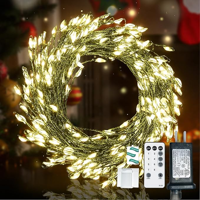 Dailyart Fairy Lights Plug in, 300 Led Warm Twinkle Fairy Lights with Remote Timer 26Ft 8 Modes Cluster Lights for Bedroom Garland Wreath Party Window Wedding Christmas Tree Decoration Green Wire