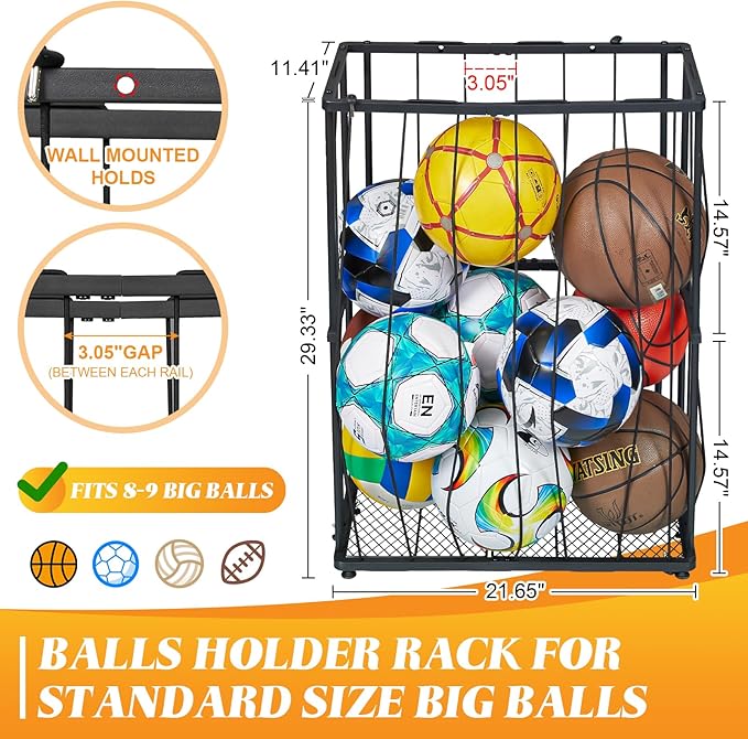 Garage Ball Storage Wall-Mounted & Floor Sports Equipment Organizer: Sports Ball Rack with Elastic Rope, Holder for Basketball, Soccer, Volleyball, Football, Garage, Gym, Black(Patent Pending)
