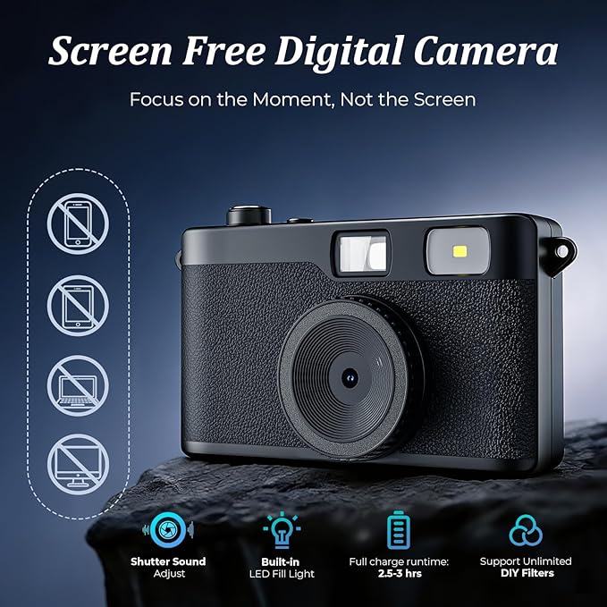 Screen Free Digital Camera, Reusable 12MP Vintage Digital Camera