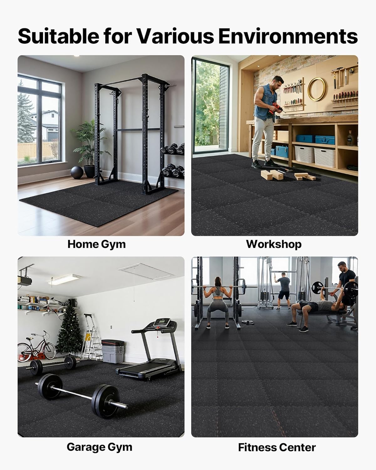 VEVOR Gym Flooring Tiles - 0.4 Inch Thick Interlocking Rubber Mats | 24 x 24 Inch, Black & White, 96 sq.ft