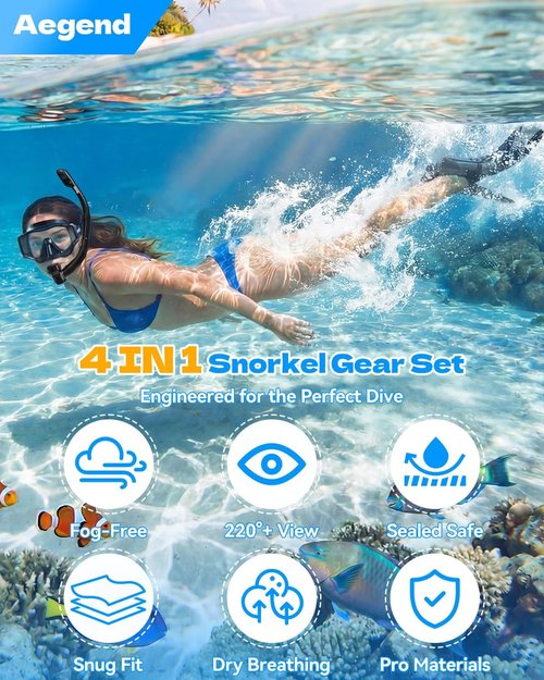 Aegend Snorkeling Gear Set - Anti-Fog Panoramic Mask, Adjustable Fins & Dry Top Snorkel | All-in-One for Swimming & Diving