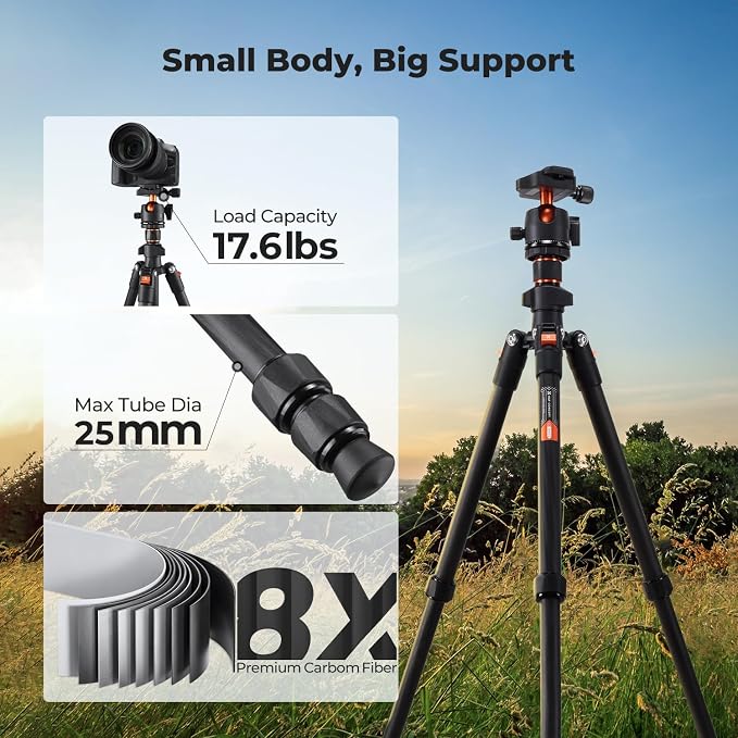 K&F CONCEPT 64" Carbon Fiber Camera Tripod, Lightweight Travel Tripod
