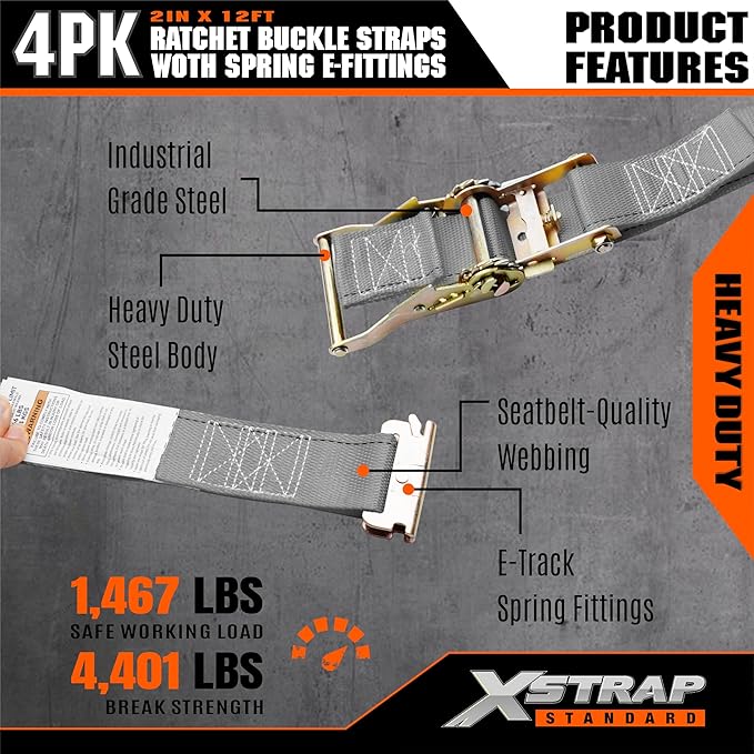 XSTRAP STANDARD E-Track Ratchet Straps, 4 Pack 2" x16' Heavy Duty Cargo Tie-Downs, 4400LBS Breaking Strength, Standard E Track Fitting Tie Down Ratcheting Strap for Cargo Vans, Trucks, Trailers (Grey)