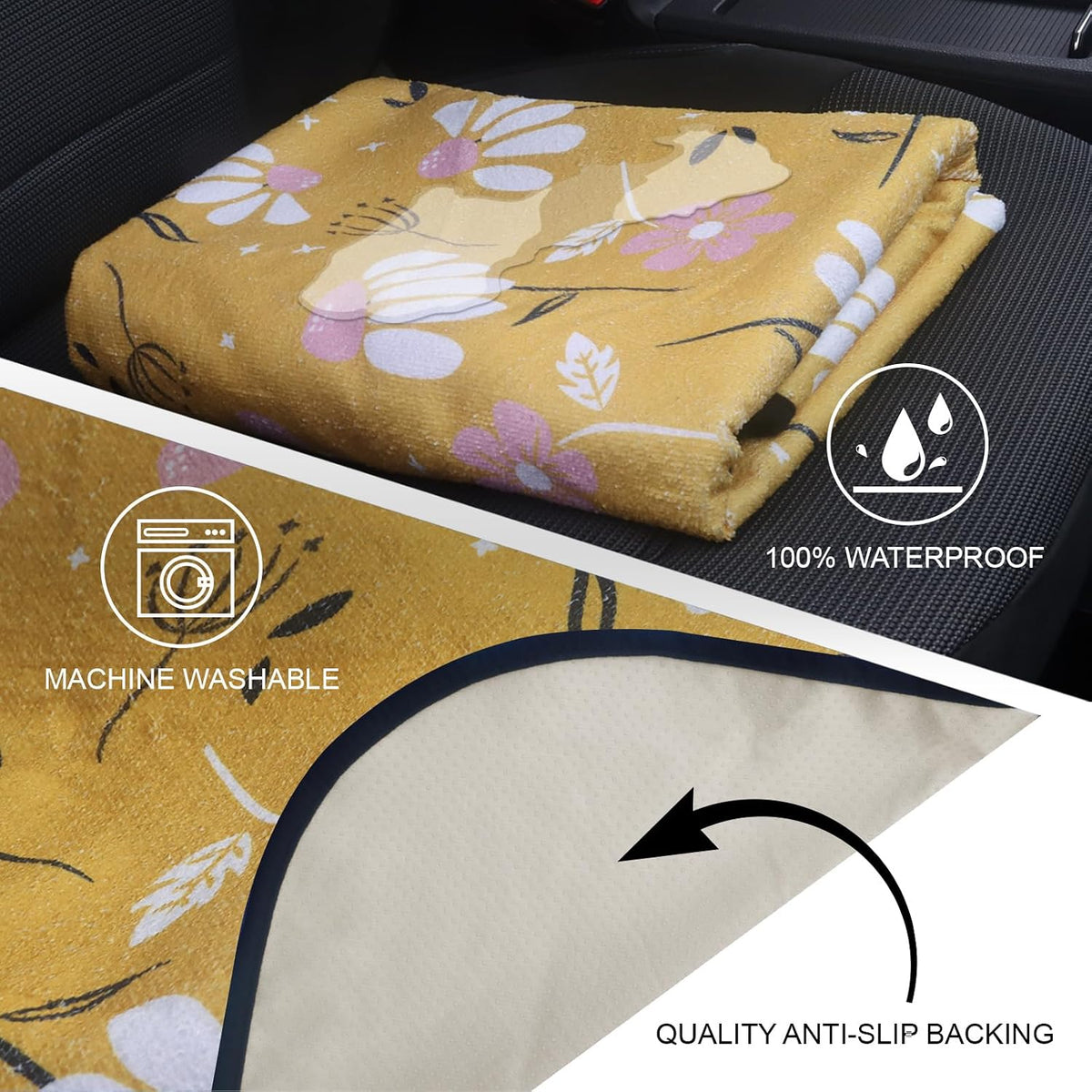 Sweat Towel Car Seat Cover Protector Front Seats for Gym Workout, Running, Swimming, Beach and Hiking, Waterproof Universal Seat Cover for Car, Trucks, Van & SUV (1, Chamomile, Rear Seat)