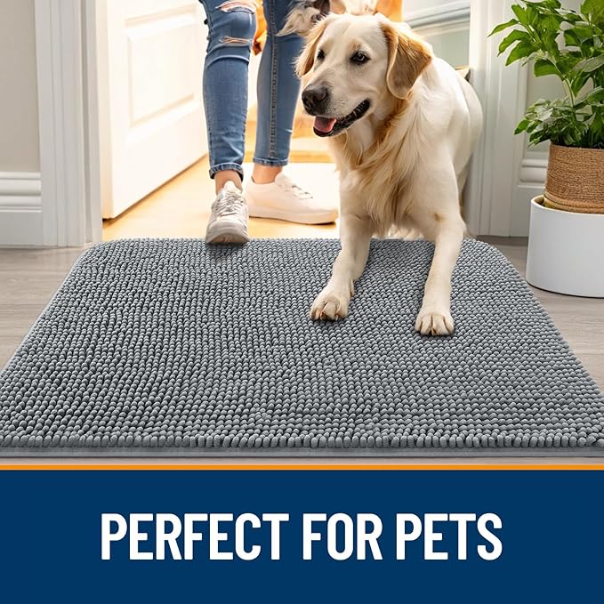 OLANLY Dog Door Mat Set 2-Piece 30x20, Absorbs Moisture and Dirt, Absorbent Non-Slip Washable Doormat, Quick Dry Chenille Mud Mat for Dogs, Entry Indoor Entryway Carpet for Inside Floor, Grey