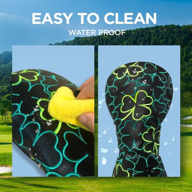 WTLJQQY Golf Club Head Covers - 1pc or Set Premium Leather Covers with Green Lucky Clover Embroidery for Driver, Fairway Wood, and Hybrid Clubs Headcover (1pc Hybrid Headcover)