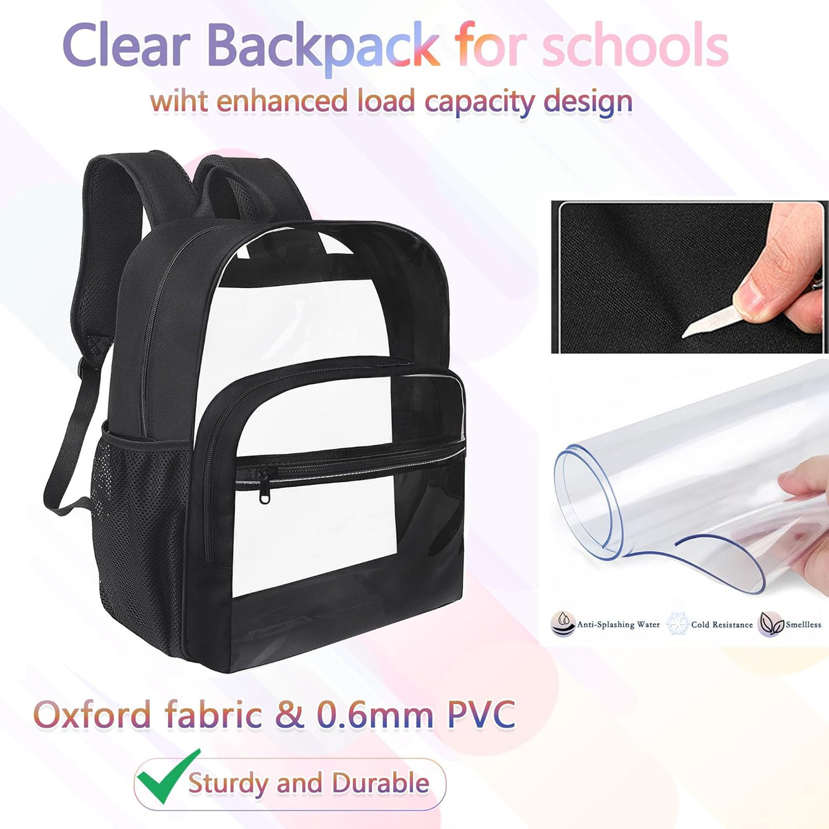 Skiennix Clear Backpack - Heavy Duty Transparent Bookbag for School | 18-Inch Black PVC Design