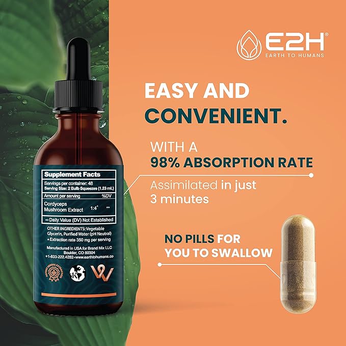 E2H Cordyceps Mushroom Extract - All-Natural Immune System, Energy & Stamina Support from Advanced Mushroom Supplement - Cordyceps Mushrooms Supplement - Non-GMO, Vegan - (2 Bottles)