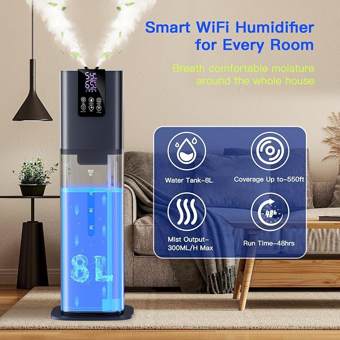 Smart Humidifiers Large Room Bedroom Home, 2.11Gal(8L) Quiet Top Fill Cool Mist Humidifier, Smart App & Remote Control, 3 Speed Humidifier with 360° Nozzle, Humidity Setting for Baby Office(Blue)
