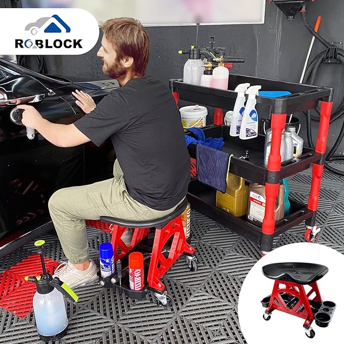 Durable Mechanic Stool Chair with Wheels, Heavy Duty Garage Shop Stool On Wheels, Rolling Stool Car Detailing Creeper Seat with Tool Tray for Workshop, Auto Repair Shop and Home