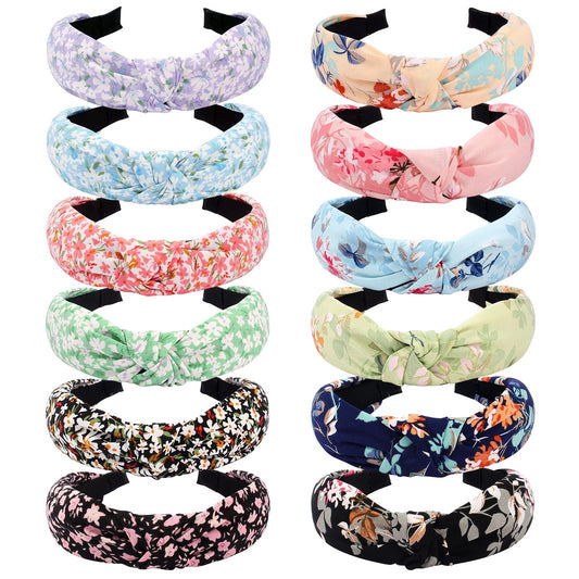 Velscrun Hairband, 12 Pcs Knotted Headbands For Women, Floral & Bohemian Patterns, Elastic, Soft, Wide Fashion Headbands, Hair A