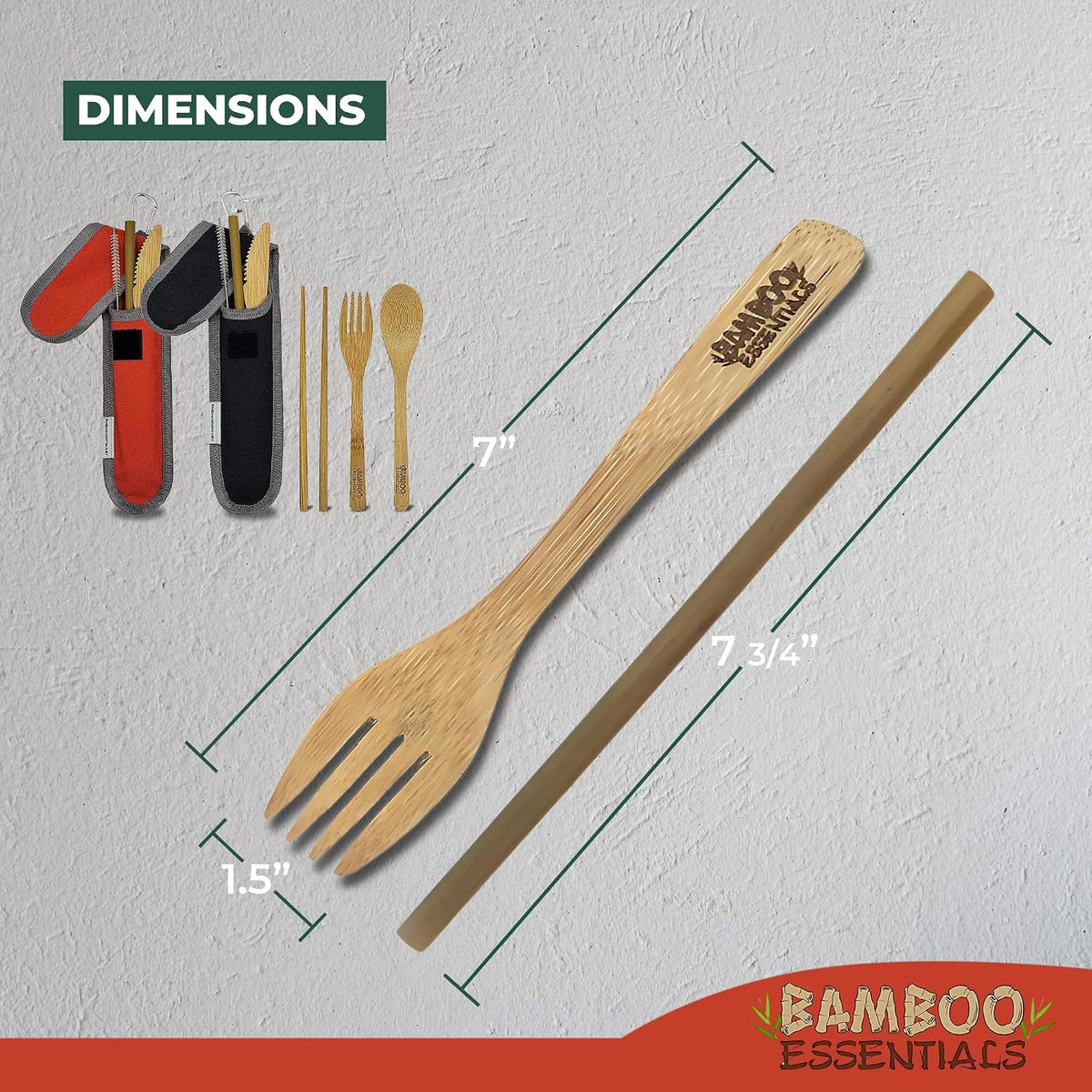 Travel Utensils with Case Set Fork, Knife, Spoon, Chopsticks, Straw, Straw-cleaning brush, Travel Pouch and Carabiner, Excellent For Everyday Use! ((2 Sets) Midnight Black/Sunset Red)