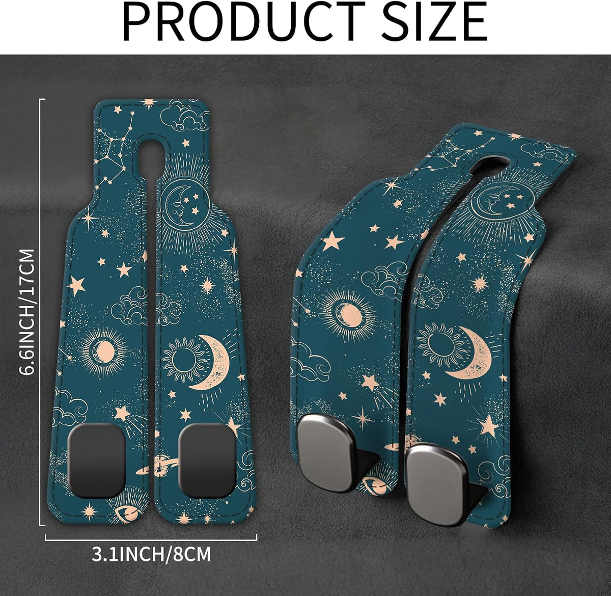 Car Seat Back Storage Headrest Hook, Premium Leather Double Metal Hook, Hanger Storage Organizer for Purse Cloth Bag, Car Interior Accessories Cute Blue Sun Boho