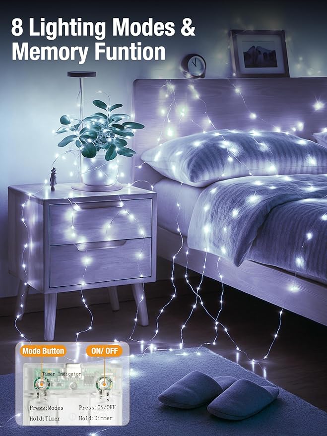 btfarm 2 Pack Fairy Lights Battery Operated with Timer, 16.4 FT 50 LED Silver Wire Twinkle String Lights 8 Modes Dimmable Waterproof for Indoor Christmas Bedroom Wedding Decorations, Cool White