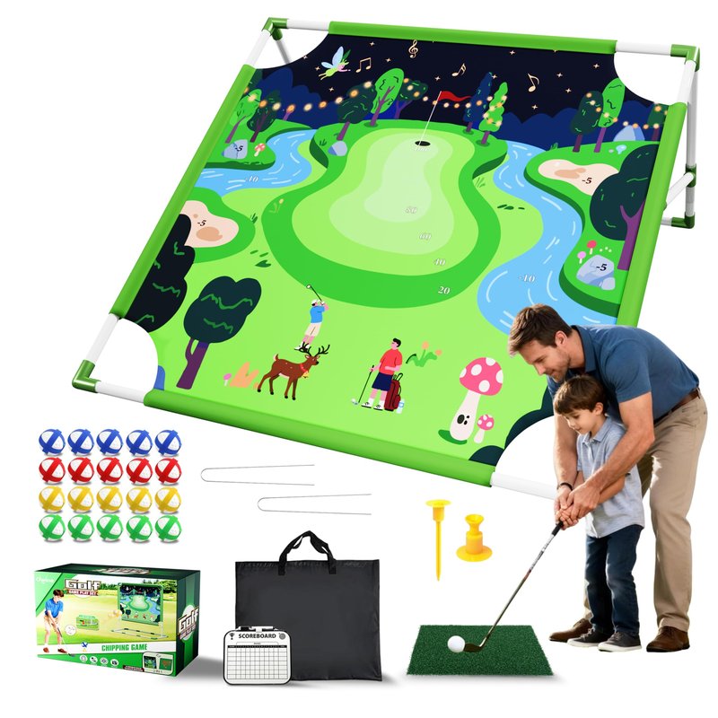 Owine Golf Chipping Game with Hitting Mat, Double Sided Golf Game Mat Set with 20 Sticky Balls & More Accessories Kits Portable Golfs Training for Indoor and Outdoor, Friends, Family Great Gifts