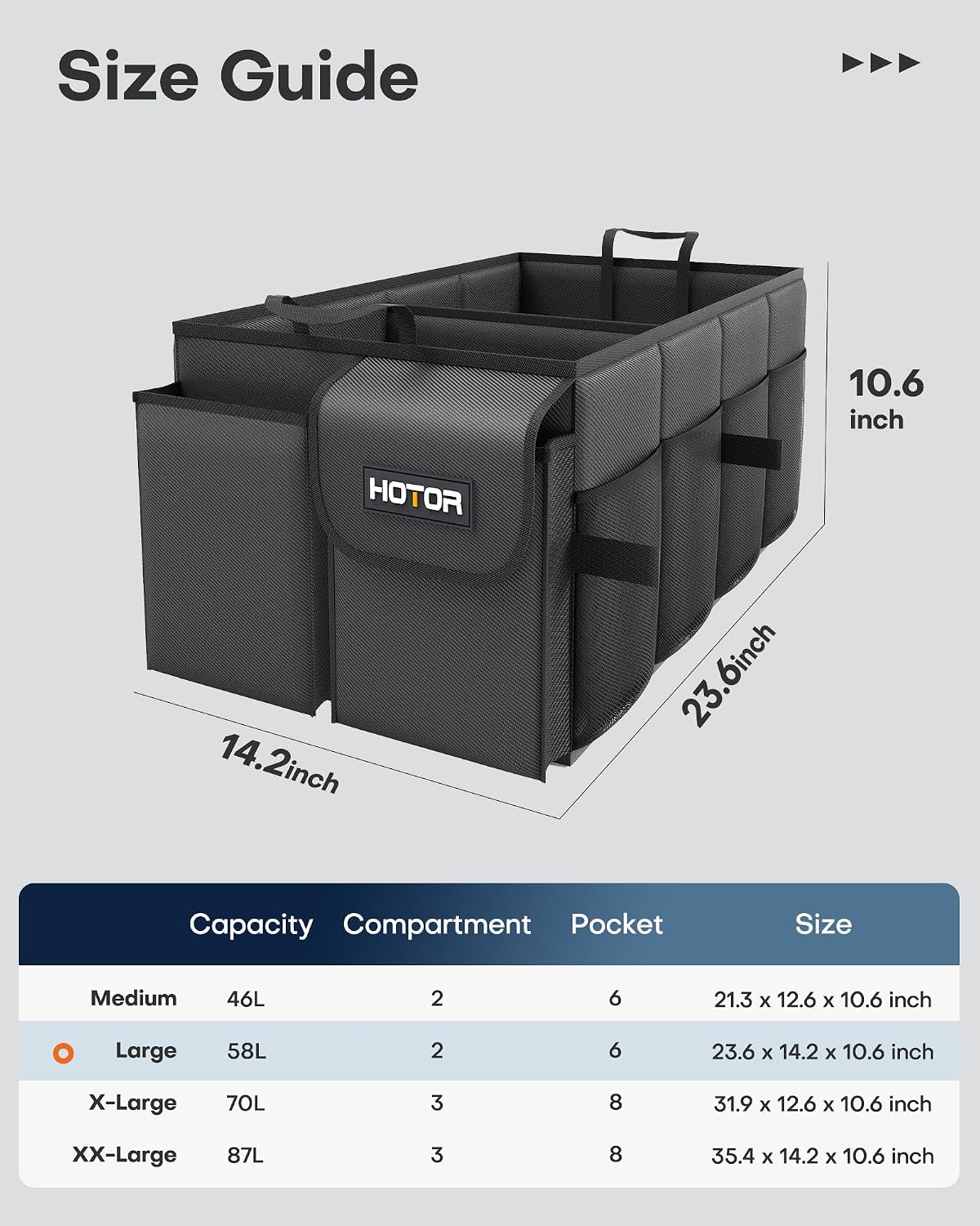 HOTOR Foldable Trunk Organizer - SUVs & Sedans, Sturdy Car Organization With 2 Compartments, Black, 23.6"×14.2"×10.6"