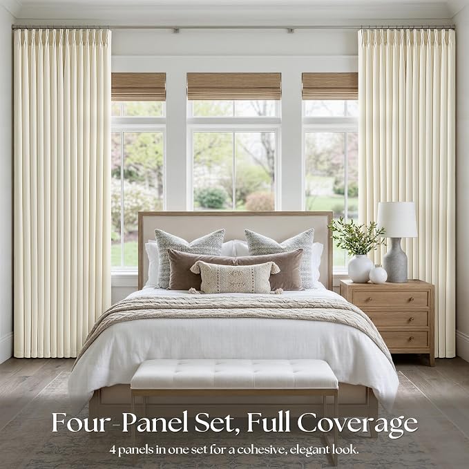 Cream Beige Pinch Pleated Linen Curtains 120 Inch 4 Panels Set